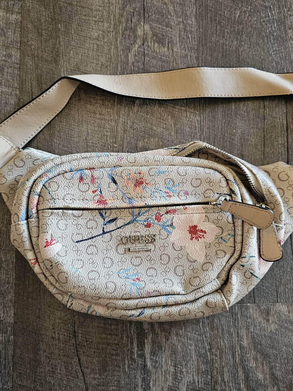 GUESS Beige Floral Logo Crossbody Belt Bag with Pink & Blue Accents